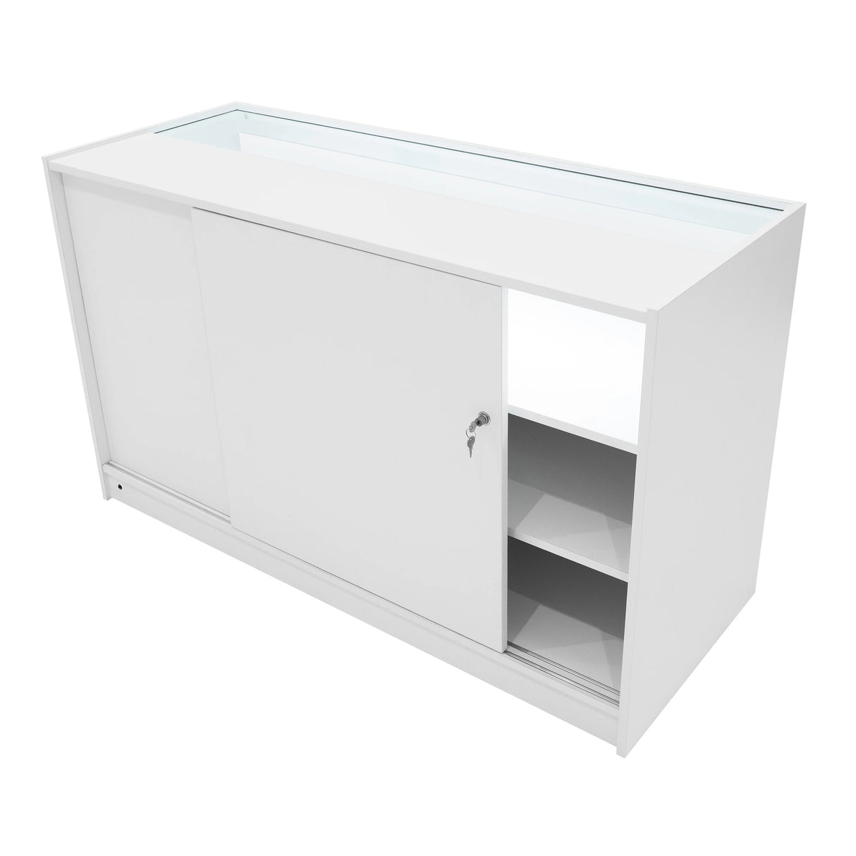 LED Retail Shop Counter B1500 in sleek white finish, featuring sliding doors, glass top display, and spacious storage compartments