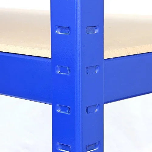 Blue metal frame of Monster Racking T-Rax storage shelves with a smooth wooden shelf, showcasing sturdy construction and adjustable height
