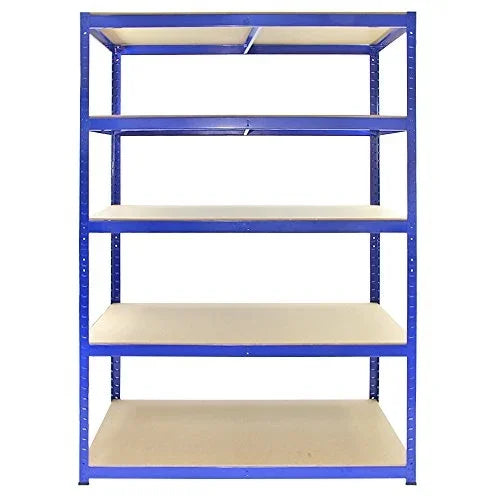 Strong blue metal storage shelves with four sturdy beige shelves, measuring 120cm wide and 60cm deep, ideal for organizing items