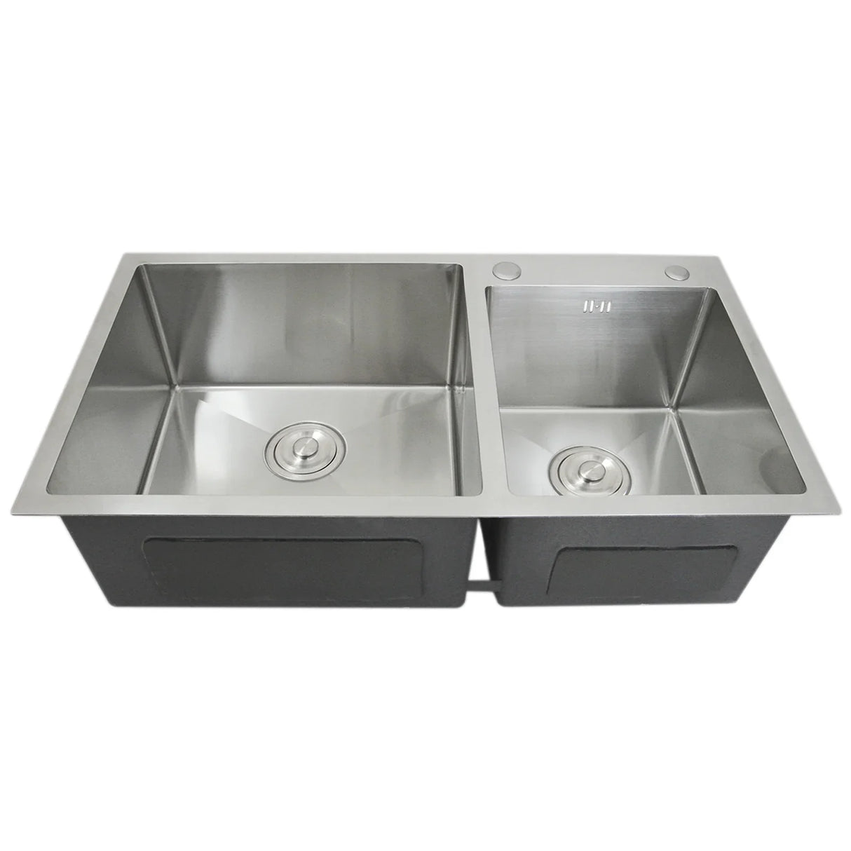 Double stainless steel sink with a sleek, polished finish, featuring two spacious basins and circular drain holes for efficient use