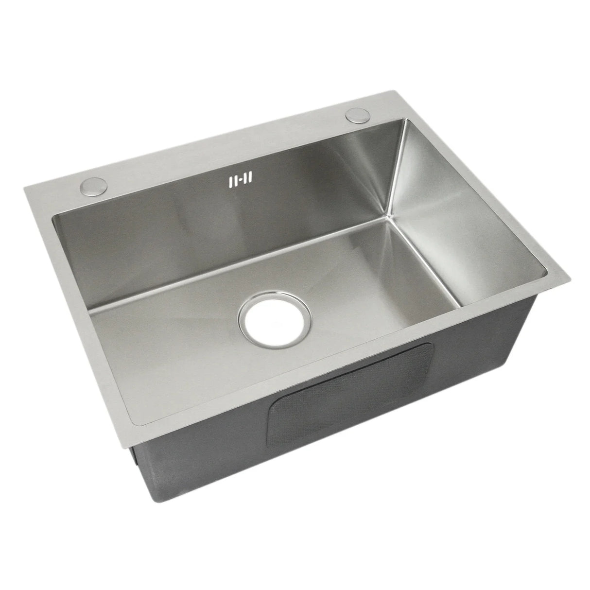 Single stainless steel sink with a sleek, polished finish, rectangular shape, and a central drain hole, ideal for modern kitchens