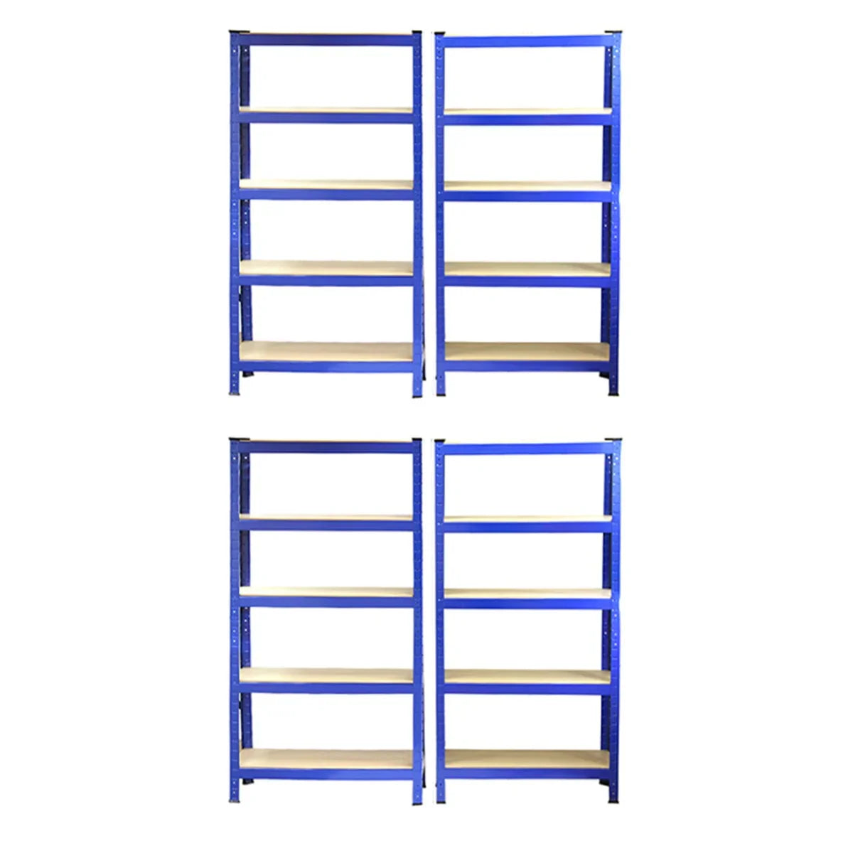 Heavy duty blue shelving units, 75cm wide and 30cm deep, featuring sturdy shelves and a durable metal frame, set of 4
