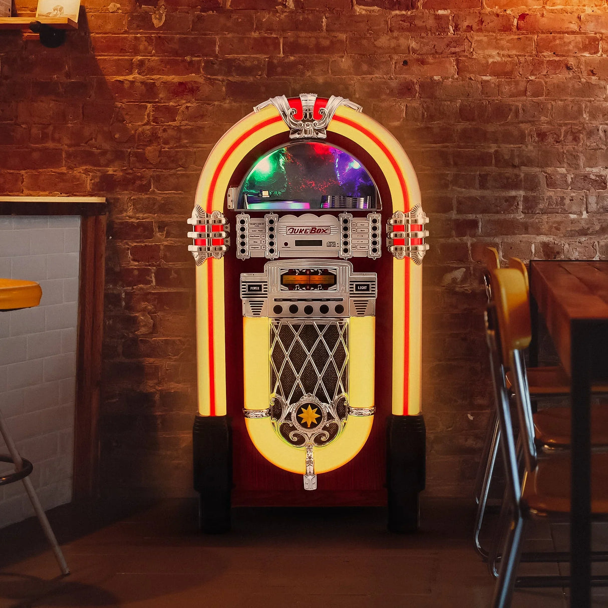 Retro jukebox with vibrant neon lights, chrome accents, and a classic design, set against a rustic brick wall backdrop