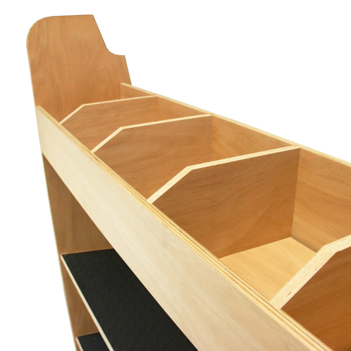 Ford Transit Custom divider racking features sturdy wooden construction with multiple compartments and a textured black base for organization