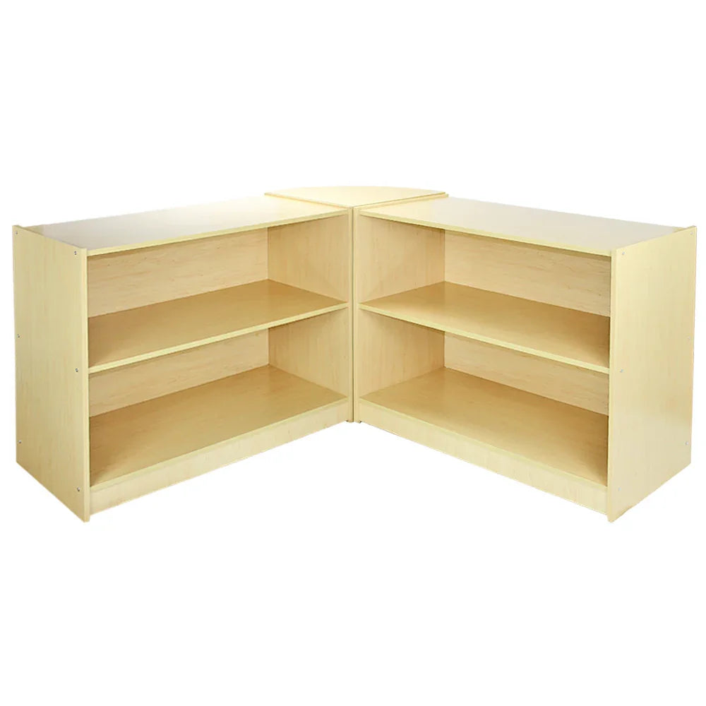 Venus Maple Shop Counter & Retail Display Set in light maple finish, featuring two open shelves and a corner design for optimal space usage