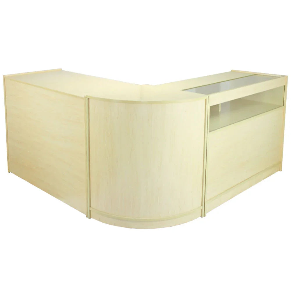 Maple corner reception desk with a smooth finish, featuring a glass display section and rounded edges for a modern look