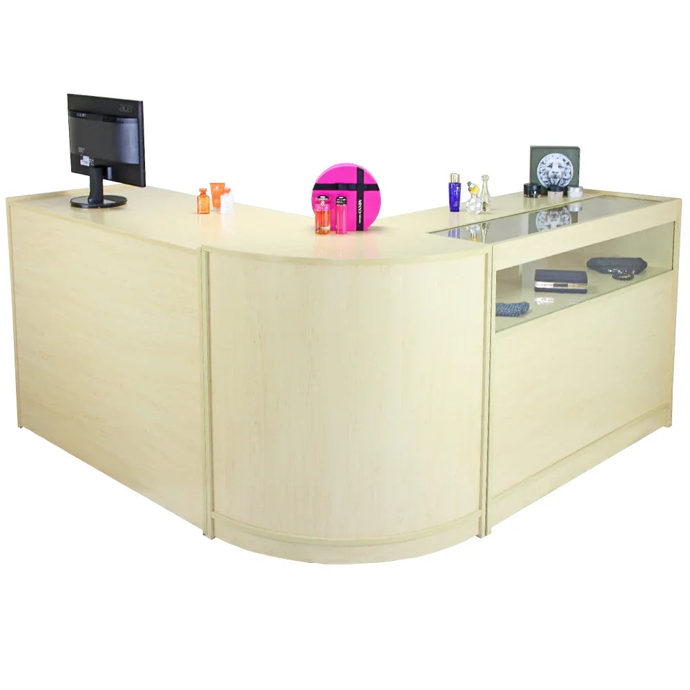 Curved maple reception desk featuring a glass display top, sleek design, and ample space for a monitor and decorative items
