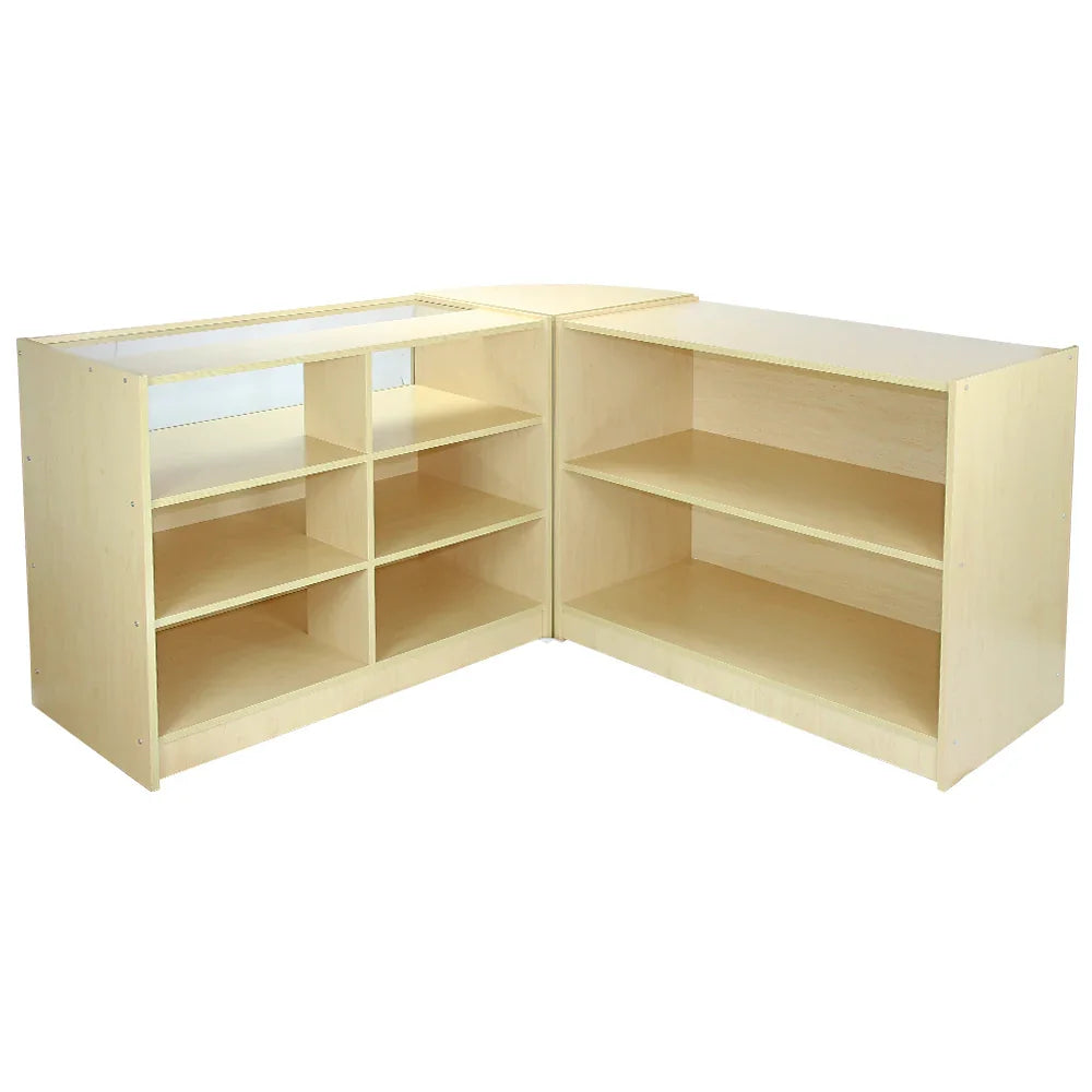 Maple corner shelving unit with multiple compartments, featuring a light wood finish and smooth surfaces for easy cleaning