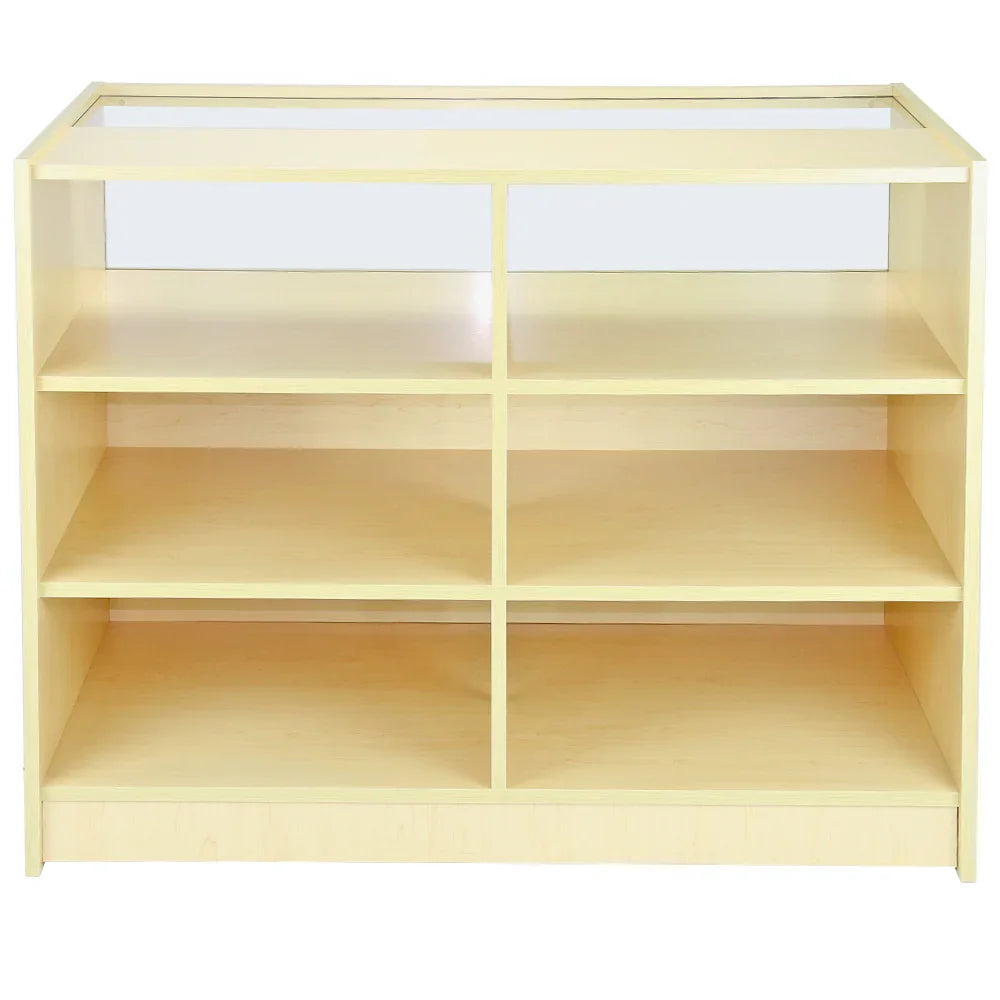 Maple display cabinet with six spacious shelves, featuring a clear glass top and a smooth, light wood finish for a modern look