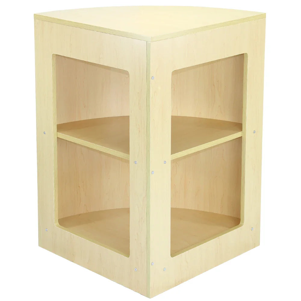 Light maple corner display unit with two open shelves and clear acrylic windows, perfect for showcasing products in retail spaces