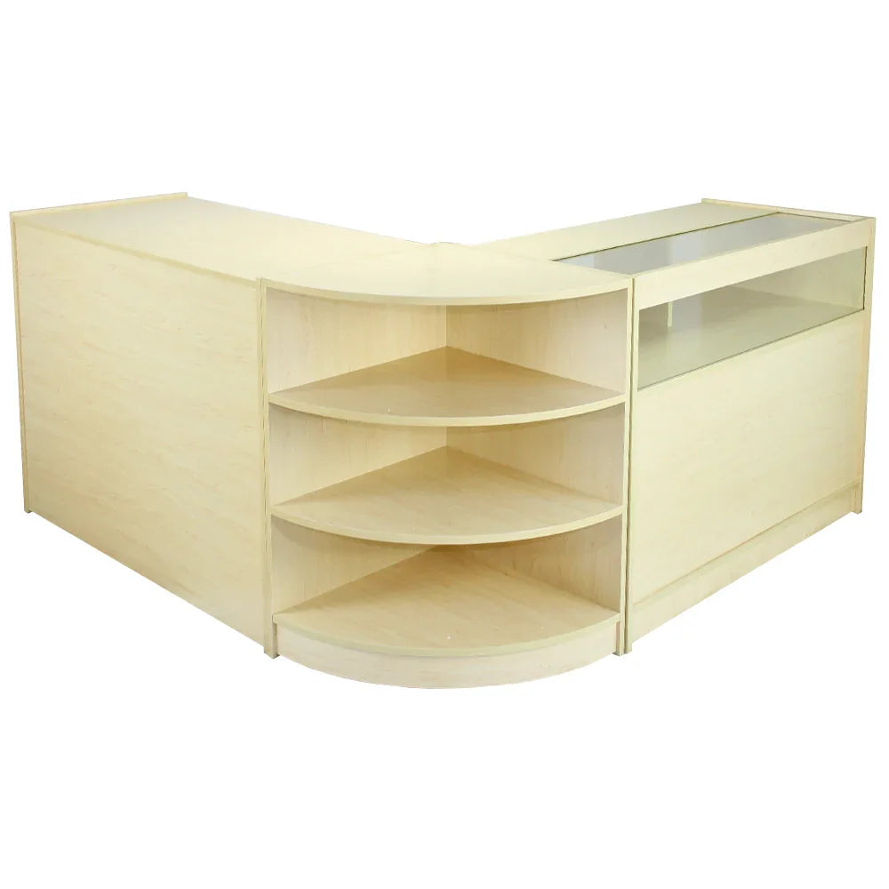 Zenith Maple Shop Counter & Retail Display Set features a light maple finish, curved shelves, and a glass display top for showcasing products