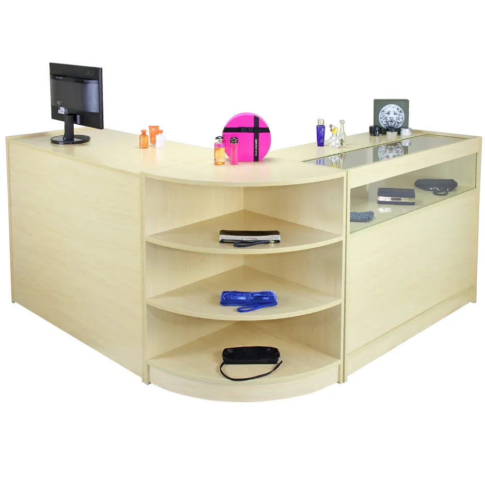 Zenith Maple Shop Counter features a light maple finish, curved design, glass display top, and open shelving for retail items