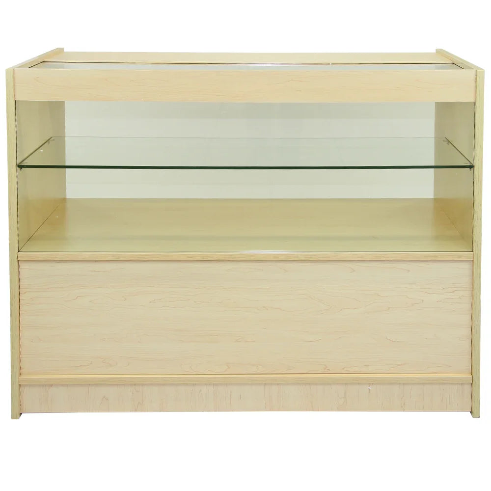 Scorpio Counter Set A1200 B1200 TB60 features a light wood finish, glass shelves, and a sleek, modern design for retail display