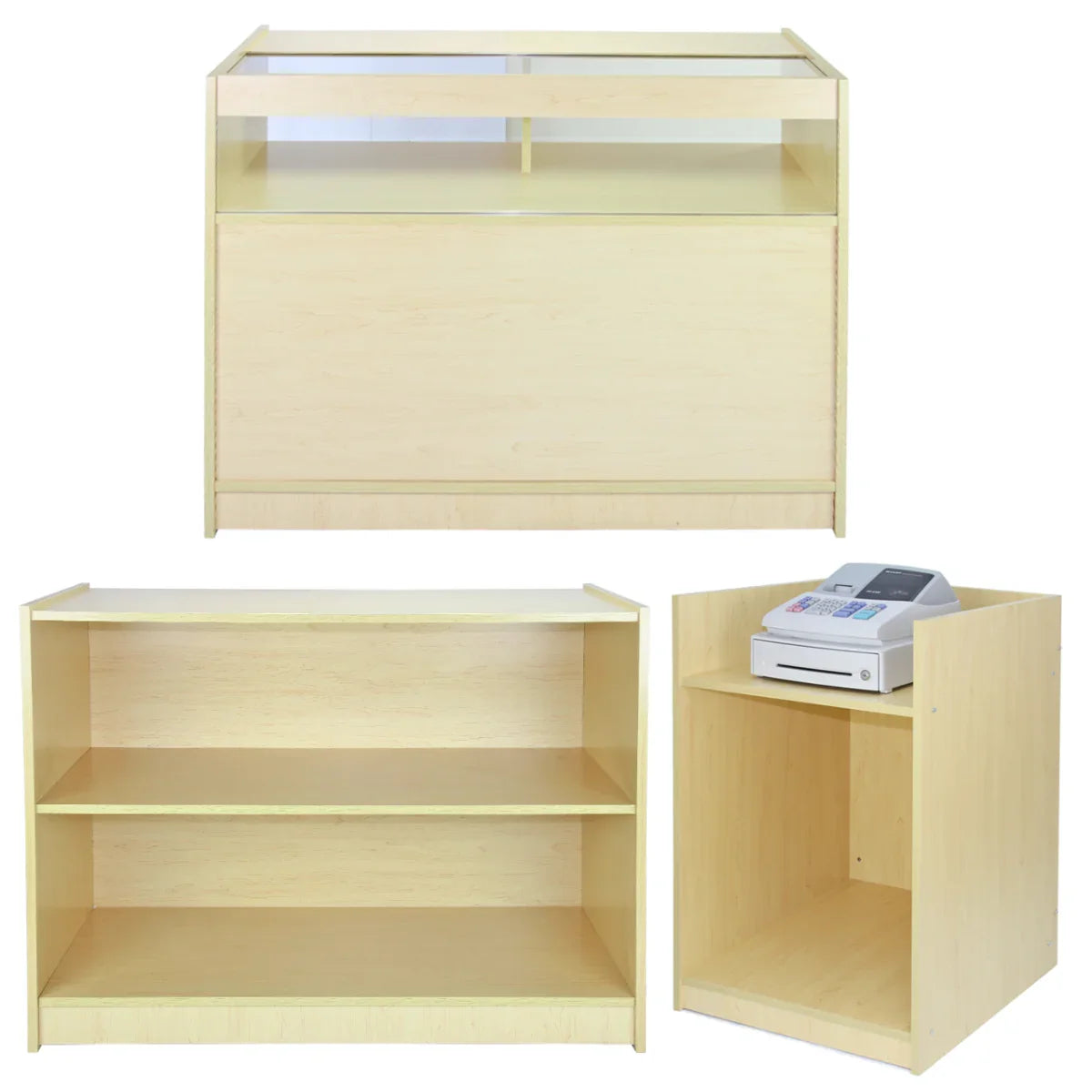 Scorpio Counter Set A1200, B1200, TB60 in light wood finish, featuring a sleek design with open shelving and a cash register area