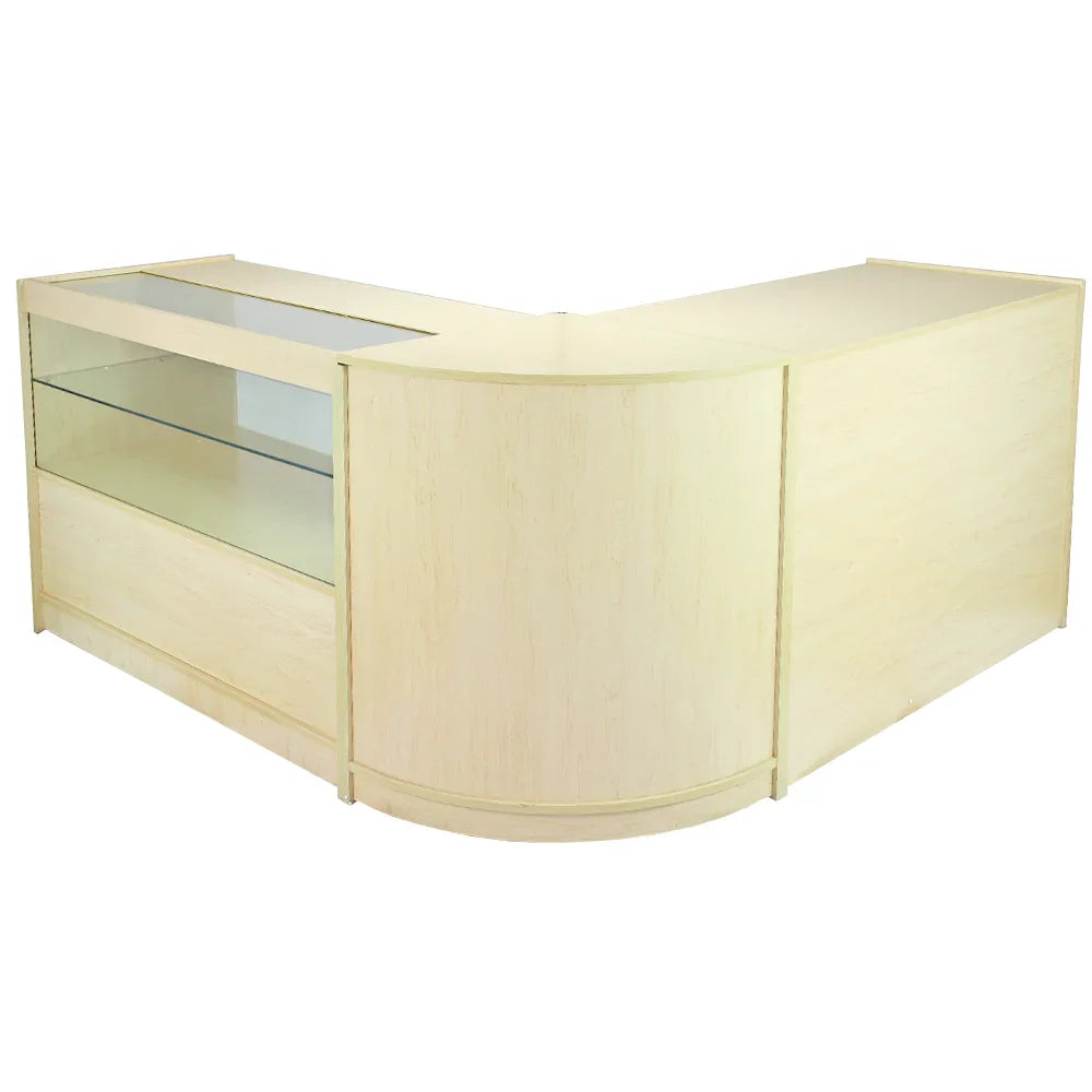 Draco A1200, C1200, CM60 Maple display counter with a smooth light maple finish, curved edges, and glass shelving for product visibility
