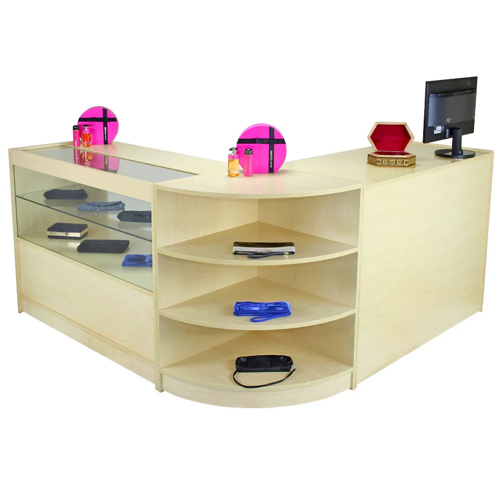 Nova Maple Shop Counter & Retail Display Set featuring a light maple finish, curved design, glass display top, and open shelving for merchandise