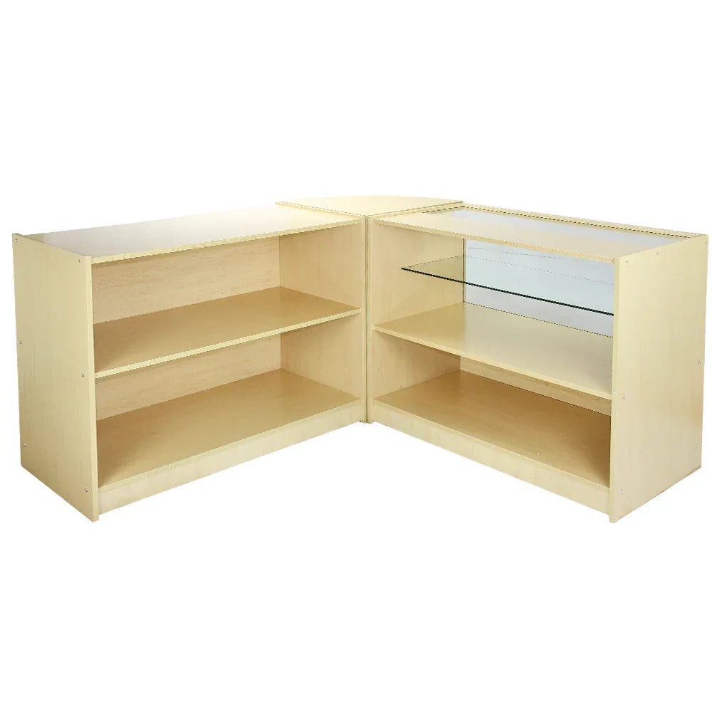 Nova Maple Shop Counter & Retail Display Set features a light maple finish, sleek design, glass shelving, and ample storage space for retail items