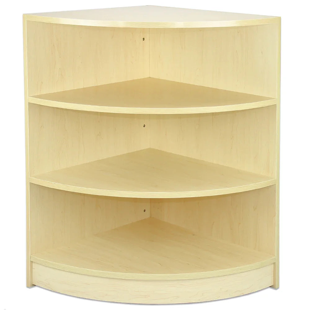 Corner retail display set in light maple finish, featuring three spacious shelves for showcasing products effectively