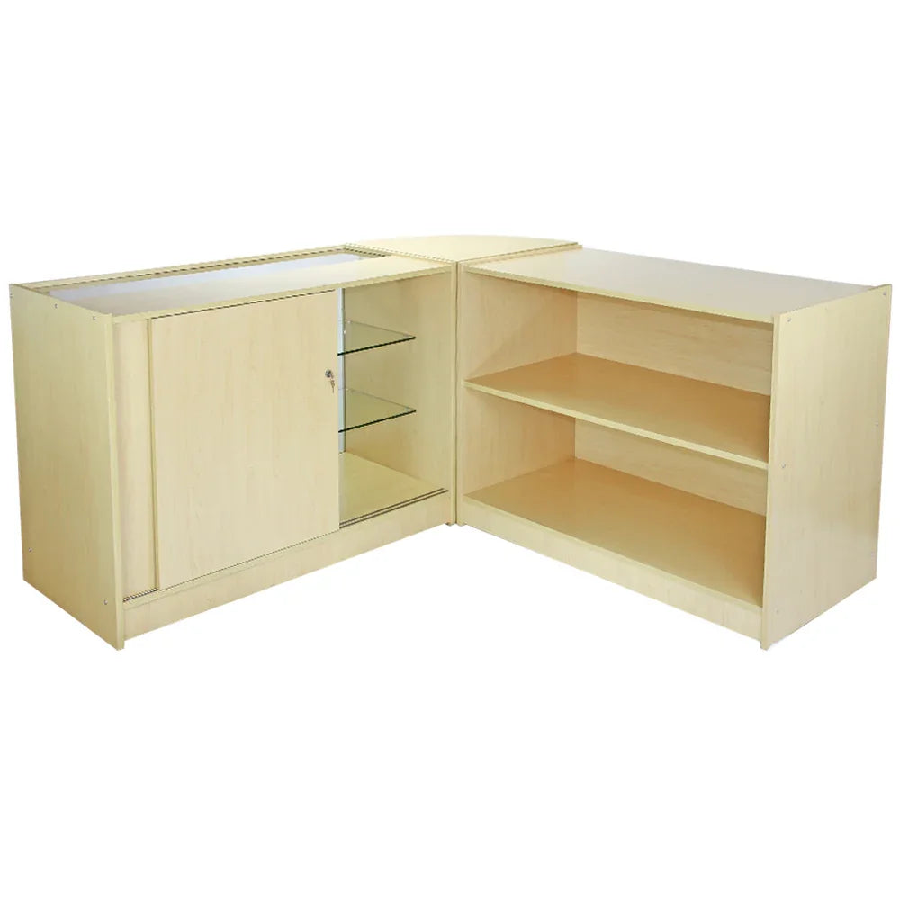 Light maple wood Saturn Maple Shop Counter with glass display cabinet and open shelves, ideal for retail environments and showcasing products