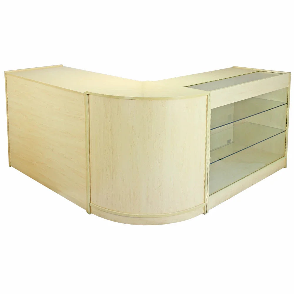 Curved wooden counter set with a light maple finish, featuring glass display shelves and a sleek, modern design for retail spaces