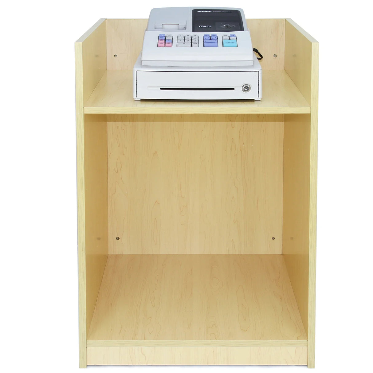 Comet Counter Set features a sleek, light wood finish with a spacious top shelf for cash registers and an open bottom shelf for storage