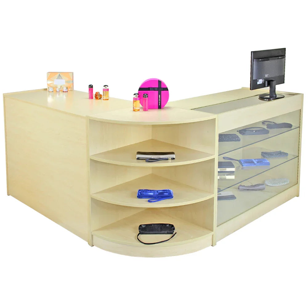 Titan Maple Shop Counter with curved design, light maple finish, glass display shelves, and decorative items on top