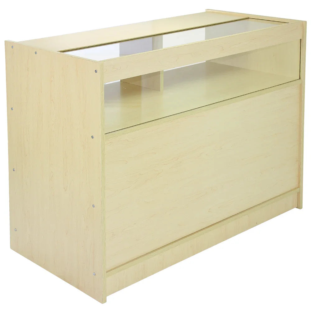 Maple shop counter with a light wood finish, featuring a glass display top and spacious storage compartment below, ideal for retail use