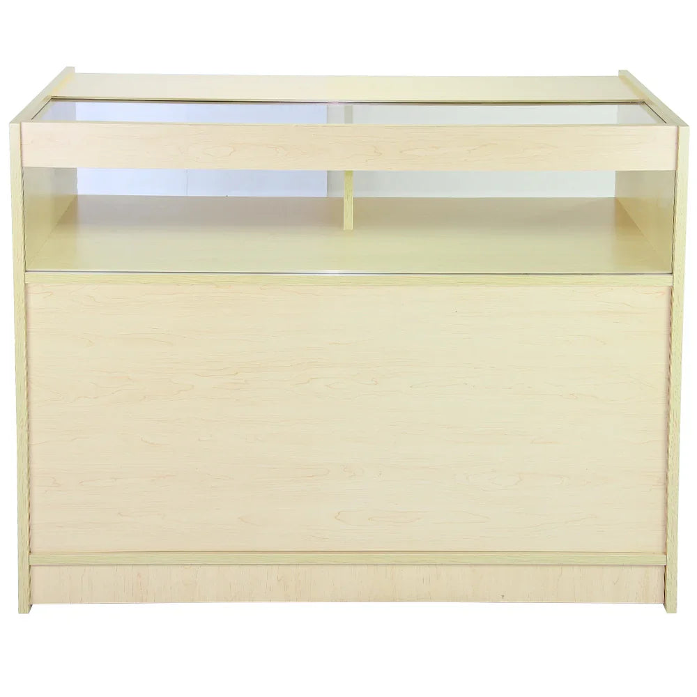 Maple shop counter featuring a light wood finish, glass display top, and spacious storage area, ideal for retail environments