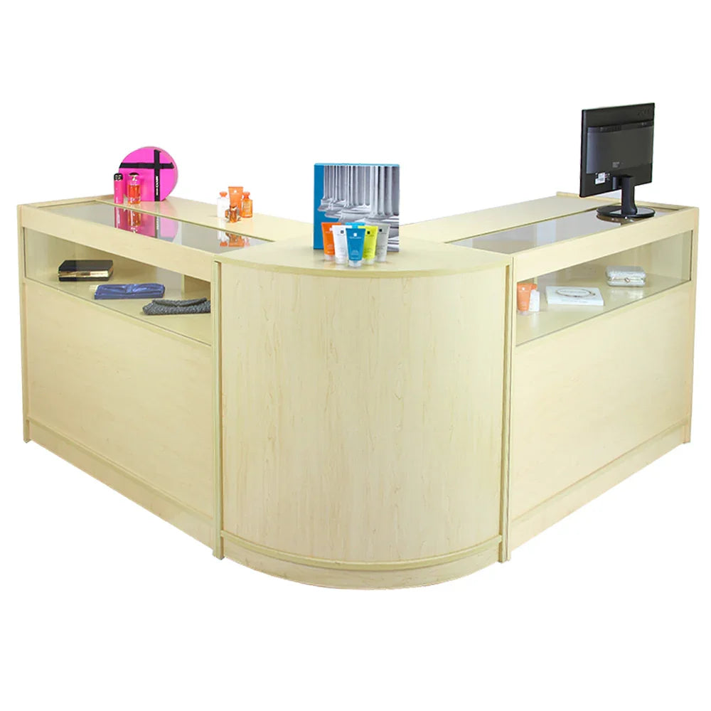 Fusion Maple Shop Counter & Retail Display Set featuring a light maple finish, curved design, glass display tops, and ample storage space