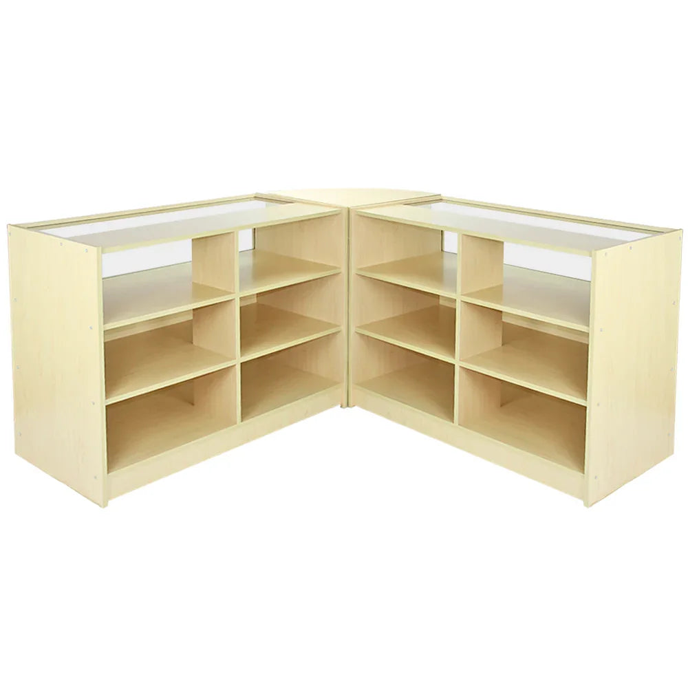 Fusion Maple Shop Counter & Retail Display Set featuring light maple finish, multiple open shelves, and a sleek, modern design