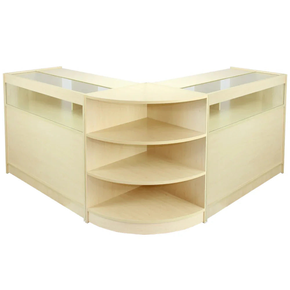 Libra Maple Shop Counter & Retail Display Set in light maple finish, featuring curved edges, glass display tops, and multiple shelves for organized storage