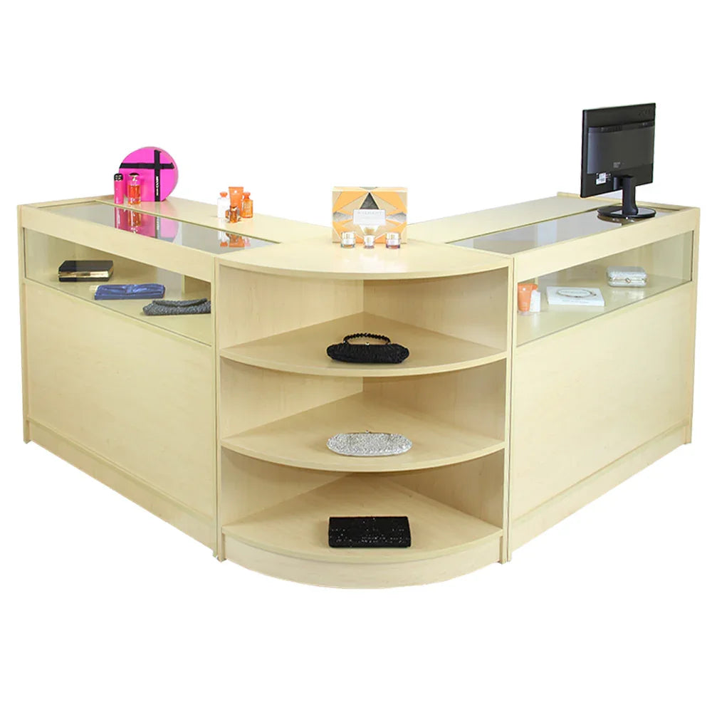 Libra Maple Shop Counter & Retail Display Set in light maple finish, featuring curved shelves, glass display tops, and modern design