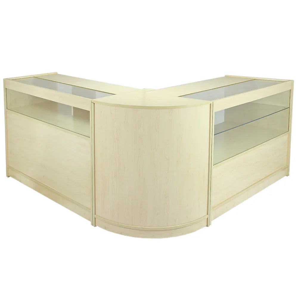 Maple display counter with a sleek, modern design, featuring glass shelves and a light wood finish, ideal for retail spaces