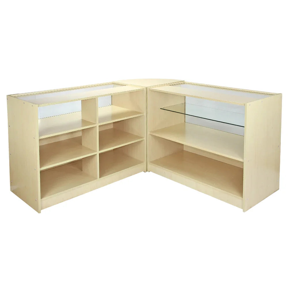 Corner display unit featuring light maple wood, multiple shelves, and glass accents, ideal for showcasing products in retail spaces