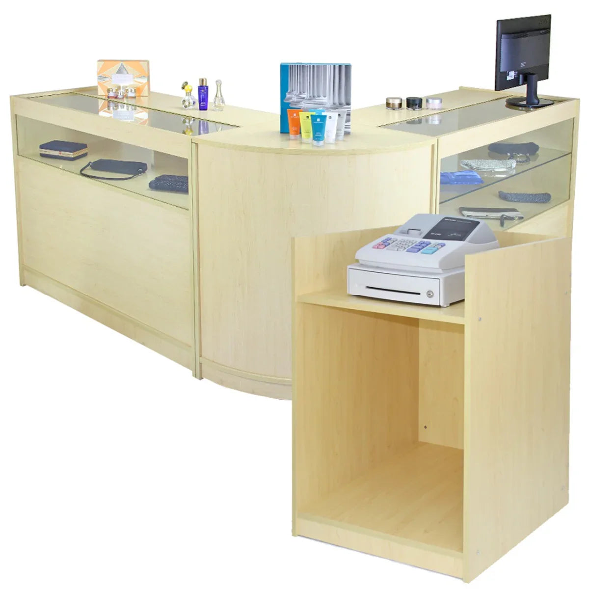 Curved light wood Cosmos Counter Set with glass display sections, featuring a cash register stand and organized storage space