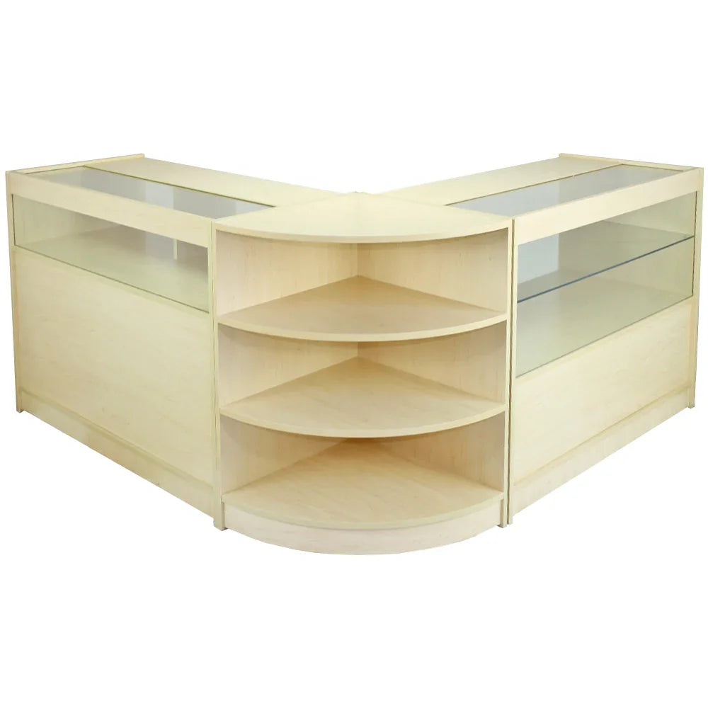 Virgo Maple Shop Counter & Retail Display Set in light maple finish, featuring glass display cases and curved shelves for optimal product visibility