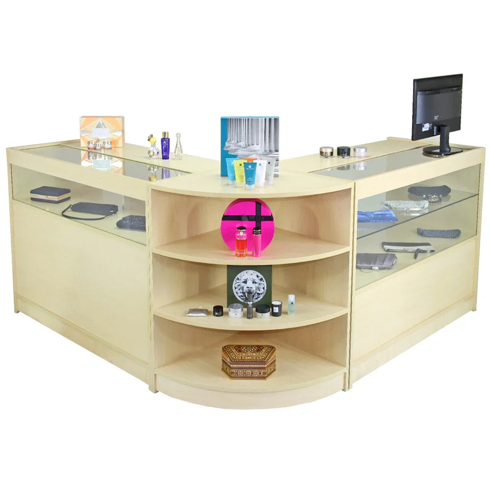Virgo Maple Shop Counter & Retail Display Set with light maple finish, glass shelves, and modern design, ideal for showcasing products