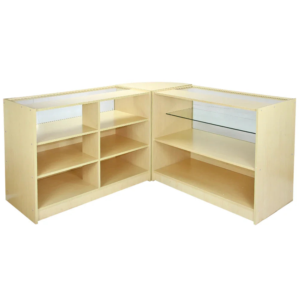 Virgo Maple Shop Counter & Retail Display Set in light maple finish, featuring glass shelves and multiple storage compartments for organized display