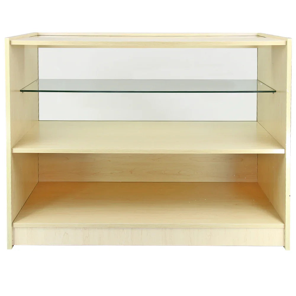 Virgo Maple Shop Counter features a light maple finish, two spacious shelves, and a sleek glass top for retail display
