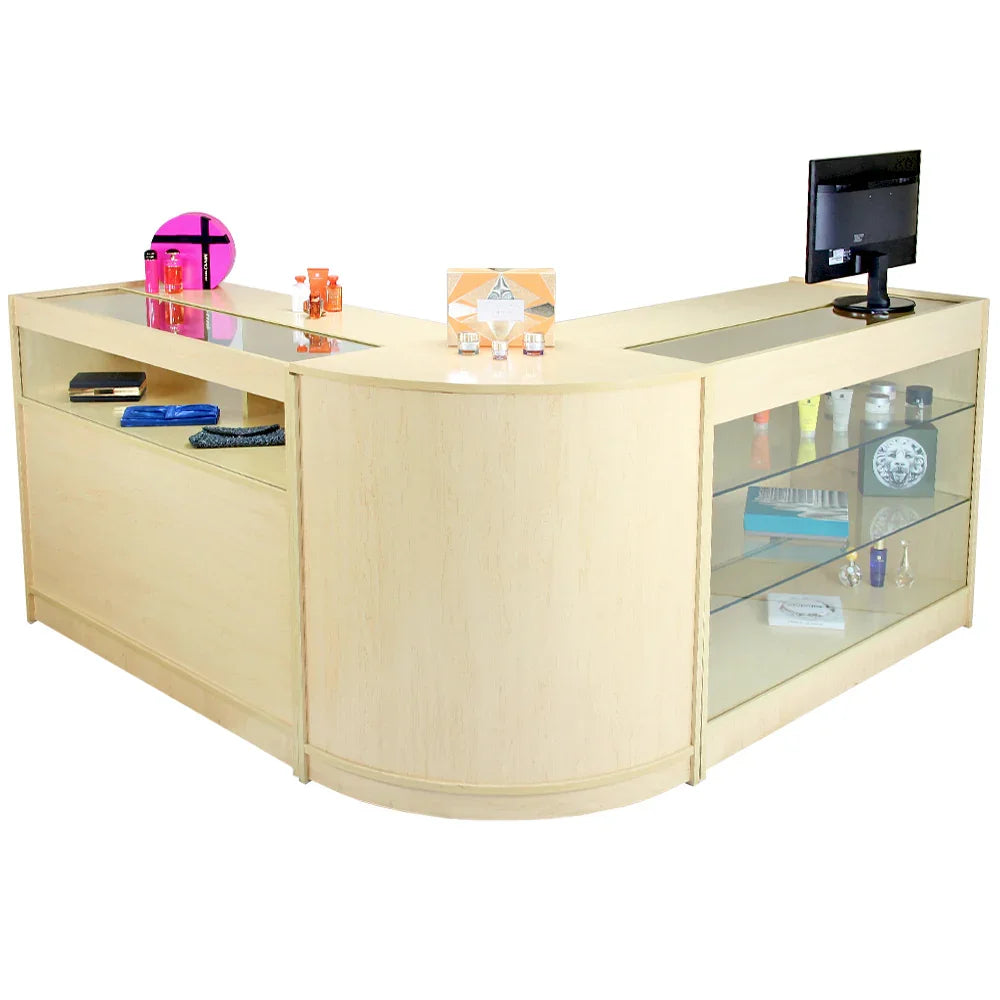 Curved maple retail display counter with glass shelves, featuring a sleek design, perfect for showcasing products in stores