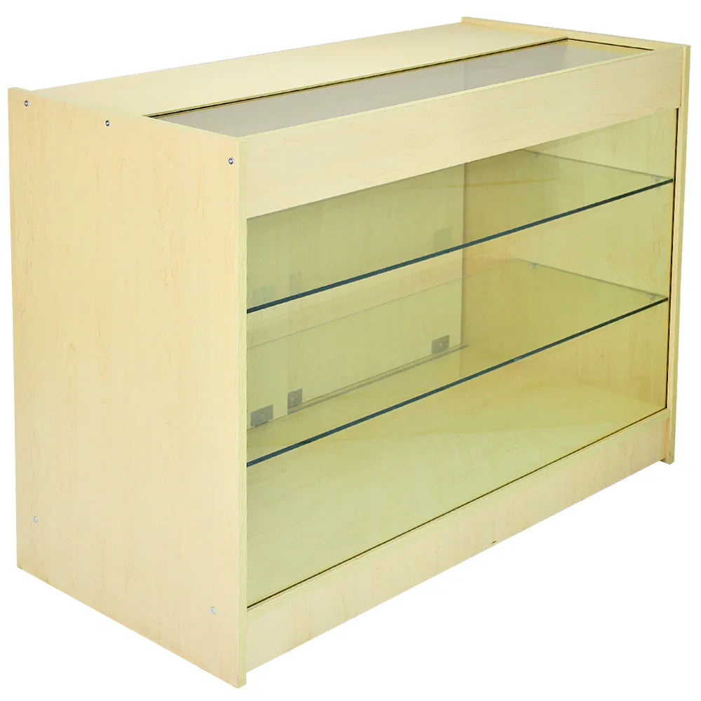 Pisces Maple Shop Counter features a light maple finish, glass display shelves, and a sleek, modern design ideal for retail environments