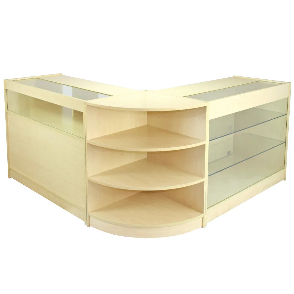 Aquarius Maple Shop Counters feature a modern design with light maple finish, glass display tops, and curved shelving for retail use
