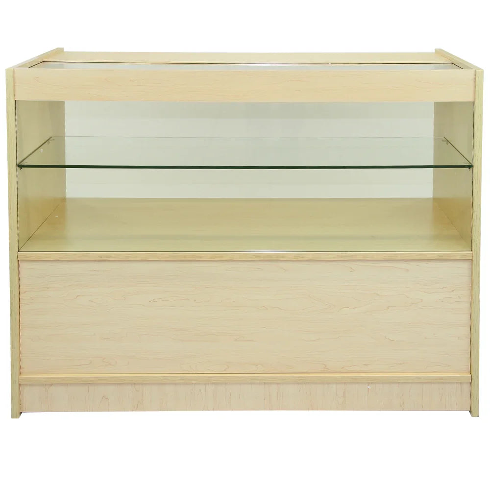 C1200 shop counter in maple finish featuring a glass display top, two glass shelves, and a sturdy wooden base for retail use