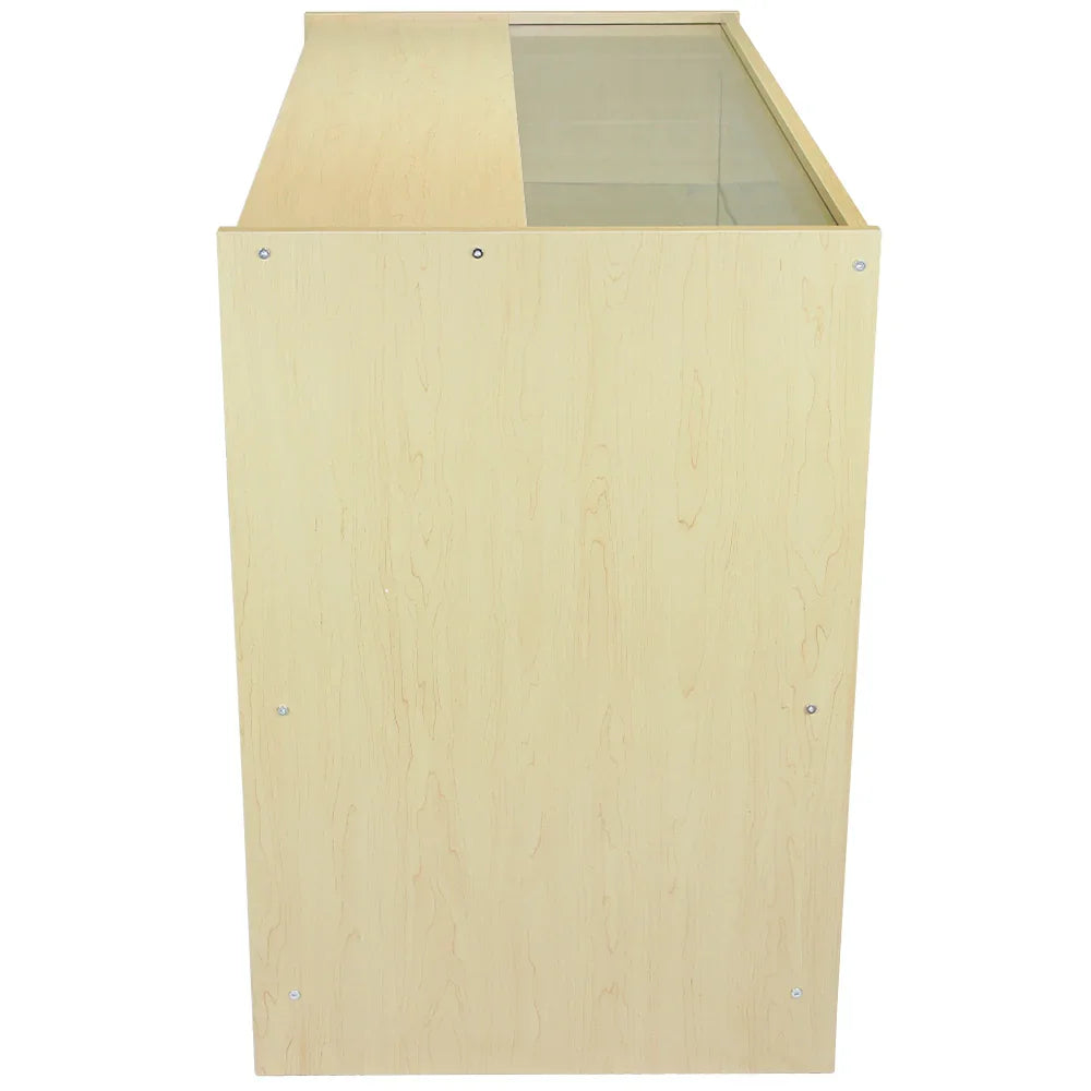 C1200 shop counter in light maple finish, featuring a sleek design with a glass display top and smooth, textured wood surface