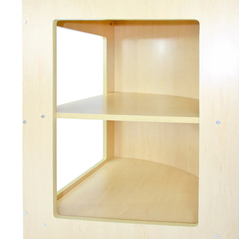 Gemini C1200 maple shelving unit with two spacious shelves, featuring smooth, light-colored wood and rounded edges for a modern look