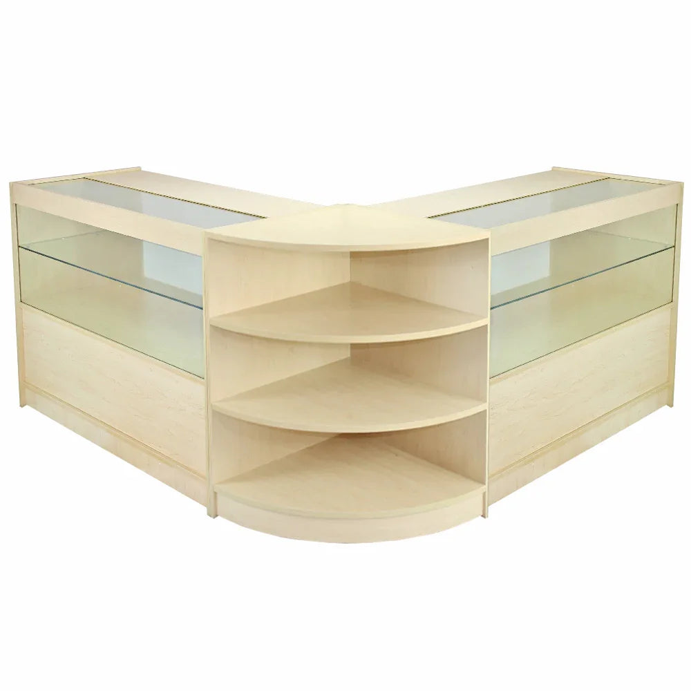 Orion Maple Shop Counter & Retail Display Set features a light maple finish, sleek glass shelves, and a modern corner design for optimal product visibility