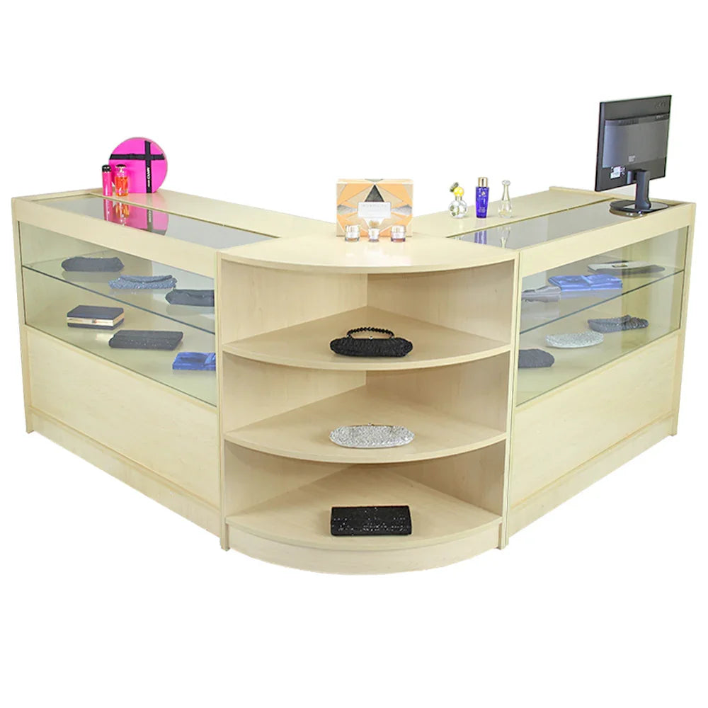Orion Maple Shop Counter features a light maple finish, curved design, glass display shelves, and a sleek modern aesthetic for retail spaces