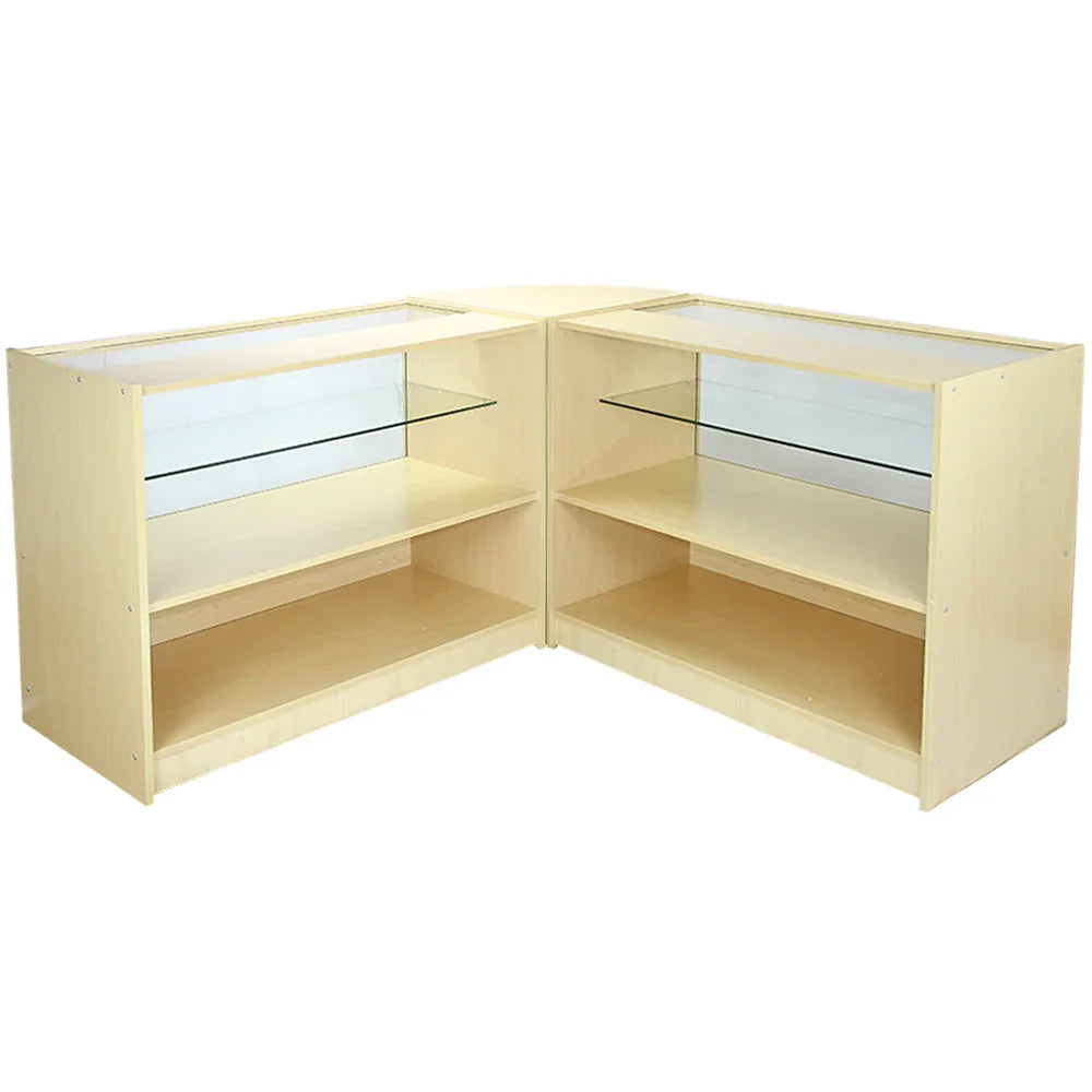 Orion Maple Shop Counter & Retail Display Set in light maple finish, featuring glass display shelves and spacious storage compartments