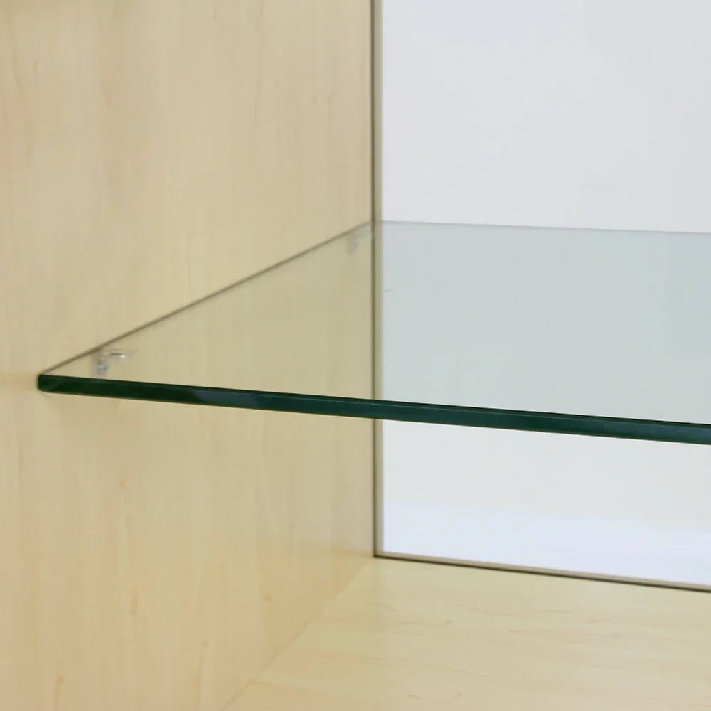 Clear glass shelf supported by a light maple wood frame, ideal for showcasing products in retail displays or shop counters