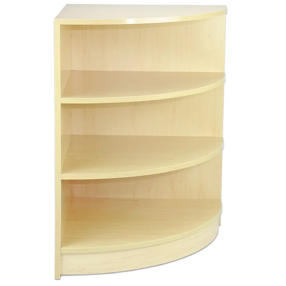 Curved maple wood retail display set with four open shelves, ideal for showcasing products in a shop or counter setting